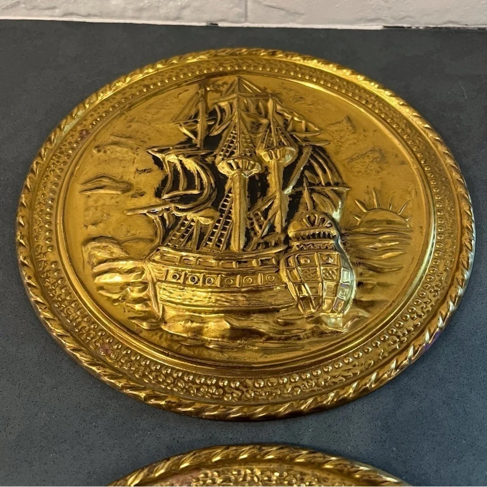 Vintage set 2 brass foil ship plaques Made in England